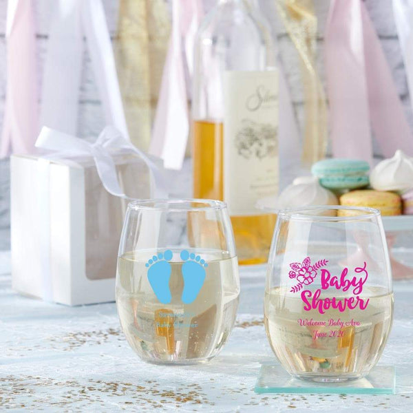 Set of 12 Etched Stemless Wine Glasses Baby Feet Baby Shower